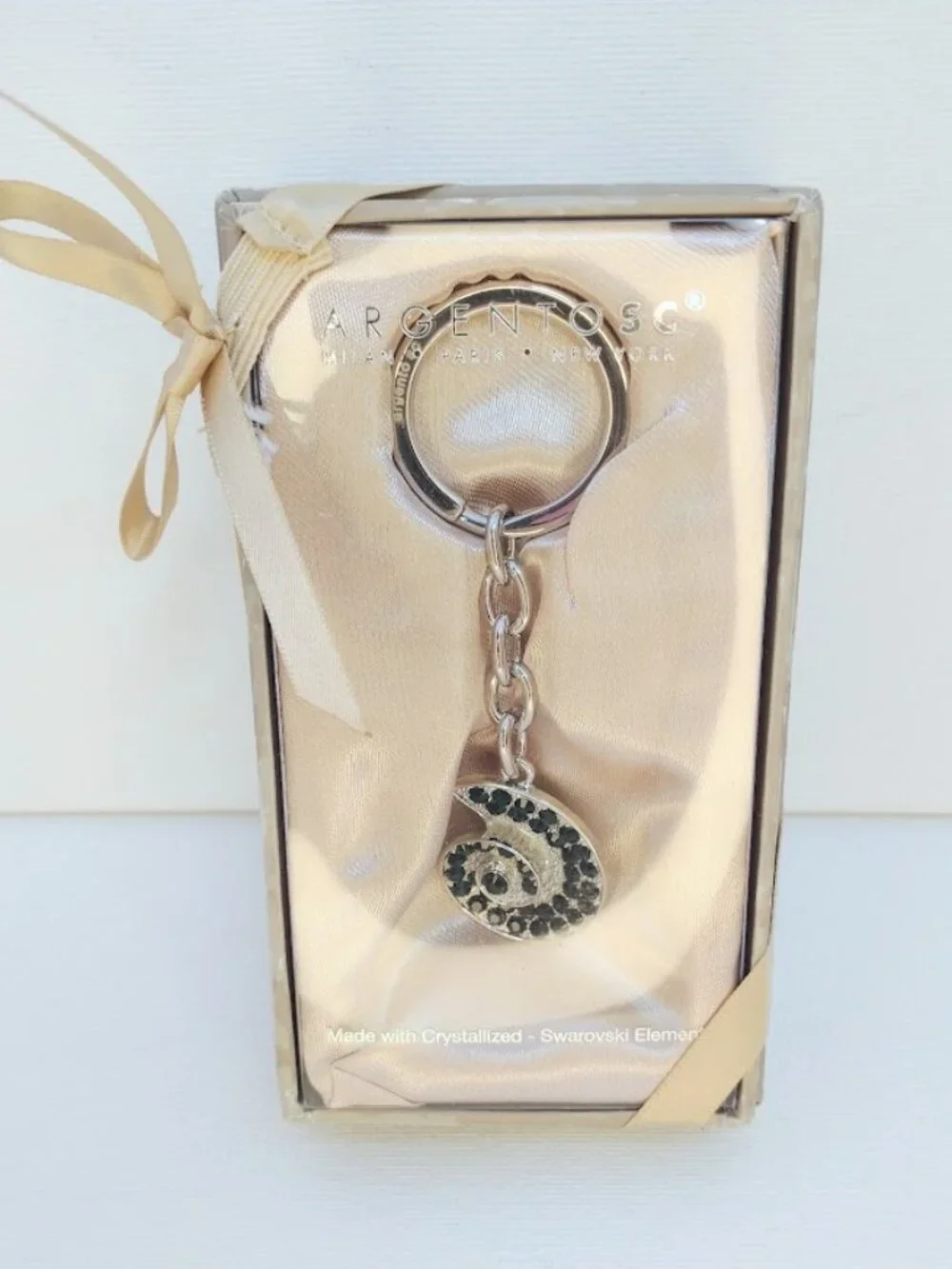 Argento SC Spiral Sea Shell Key Ring Key Chain Black Swarovski Details NEW